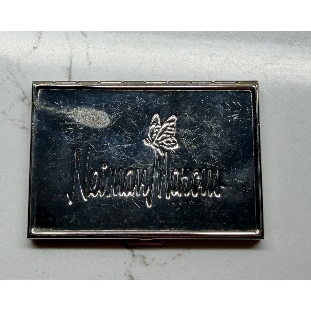 Neiman Marcus Vintage Silver Tone Butterfly Logo Double Compact Mirror